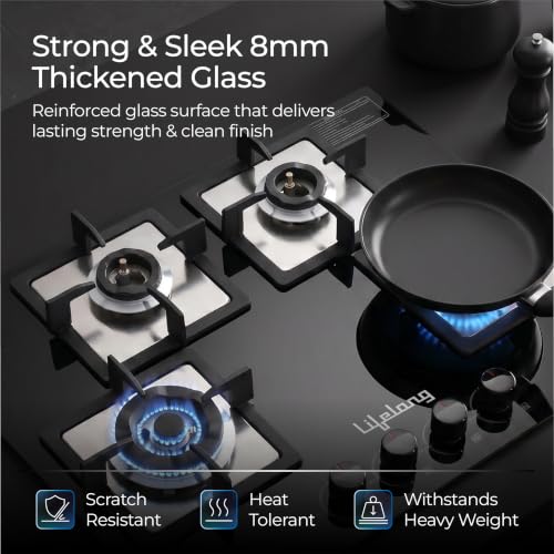 Image of Lifelong 4 Burner Hob | 8mm Thick Toughened Glass | Highly Efficient Auto Ignition Tabletop Gas Stove & Wok Burner | 360 Multidirectional Gas Inlet | Spill-Proof & Easy Clean Surface (Black)