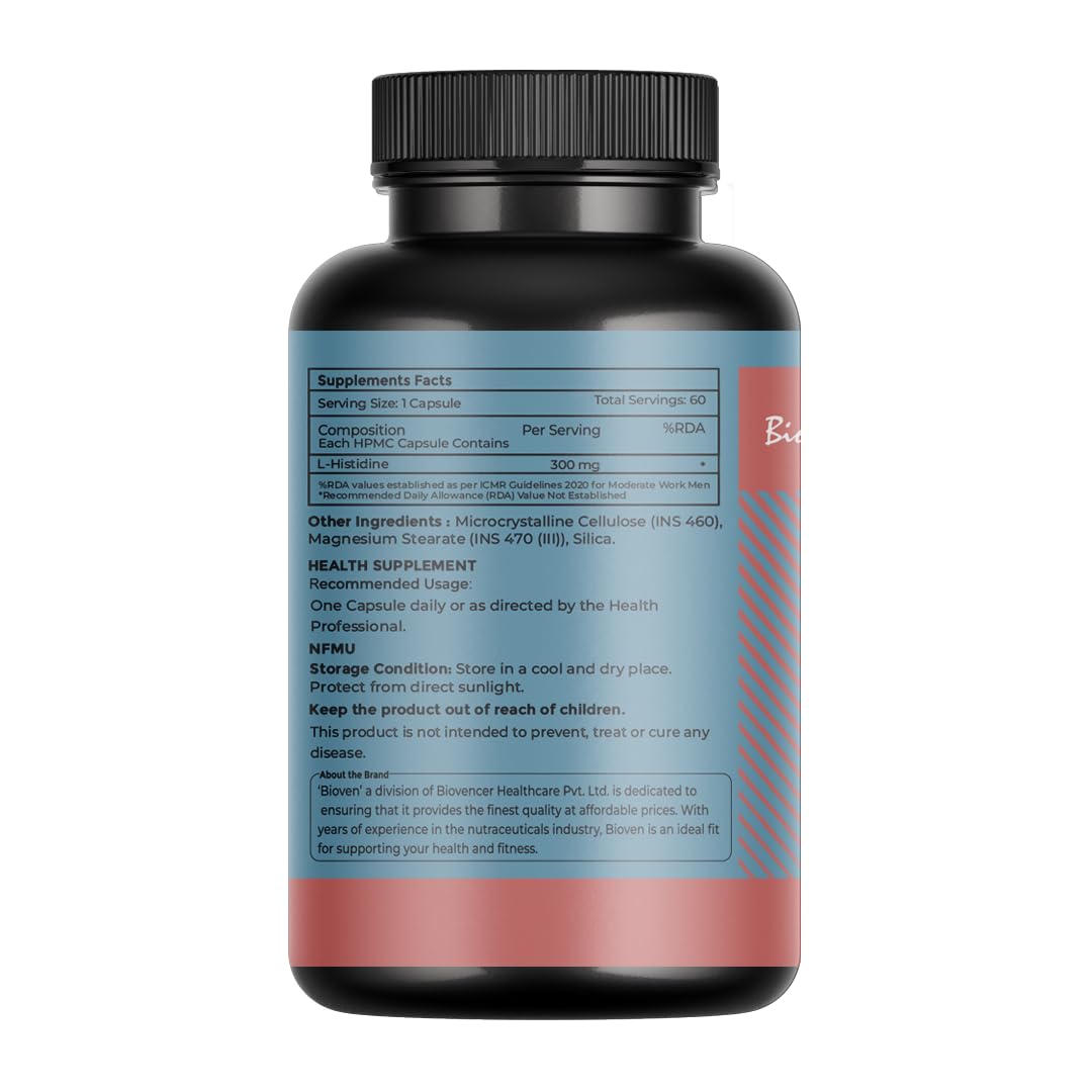 Biovencer L-Histidine 60 Veg Capsules – High-Purity Essential Amino Acid Supplement for Immune Support, Digestive Health, Joint Health & Overall Well-Being – 100% Vegetarian Capsules
