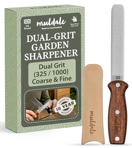 Muldale Secateurs Sharpener - Titanium Grit Dual Sided - Garden Tool Sharpening Stone for Shears, Hedge Trimmer, Lawnmower and Axe - Leather Strop