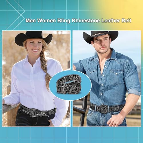 Men Women Rhinestone Belt Western Leather Belt Cowgirl Cowboy Bling Diamond Studded Leather Belt for Jeans Pants3