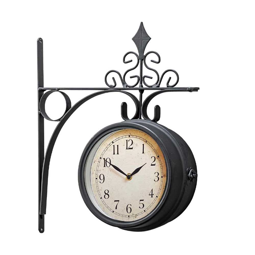 PaMeer Dual faced Station Clock, Round Wall Hanging Double Sided Garden Clock, Wall-Mounted Retro Train Station Clock, Outdoor Clocks Vintage Metal Numeral Garden Clock (Black)