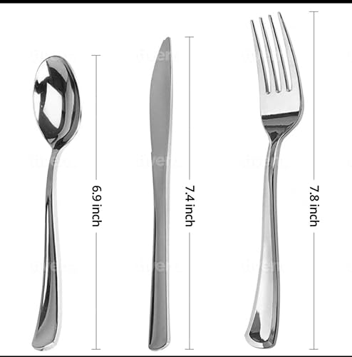 Miniatura 3 de Juego de 100 cubiertos de plástico plateado para fiesta, juego combinado de cubiertos de lujo, desechables y duraderos, 40 tenedores, 30 cuchillos y