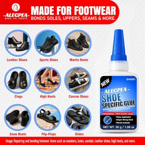 Image of ALECPEA Black Shoe Glue for Sole Repair, Thick Adhesive, 30g with 3 Tips | Gap-Filling Flexible Waterproof Black Shoe Repair Glue For Sneakers, Boots, Leather, Rubber, EVA, Mesh, PU And PVC