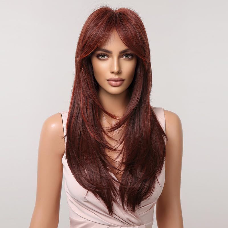 LANOVA Long Copper Red Layered Hair Wig,Auburn Red Highlighted Wigs with Curtain Bangs,Long Straight Synthetic Hair Red Full Wig LANOVA-293
