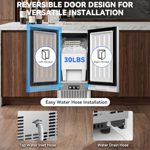 Image of SOZT Under Counter Ice Maker, 120LBS /24H Commercial Ice Machine | Self-Cleaning & 24H Timer, 30LBS Storage - Reversible Door, Built-in /Freestanding Design for Home Bar Cafe Restaurant