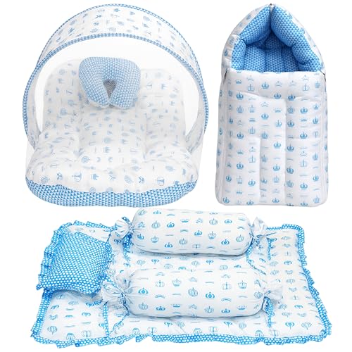 Image of Fareto Combo of Baby Bed with Net | Carry Bag | 4 Pcs Bedding Set (0-6 Months, Baby Size, Cotton) (Blue Taj)