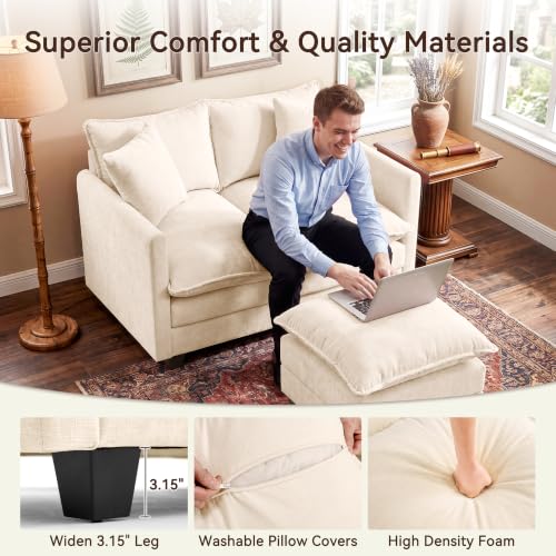 Image of 50 inch Loveseat Sofa with Ottoman, Cloud 2-Layer Cushion & 27 inch Deep Seat, Modern Love Seat Small Couch with 2 Washable Pillows for Small Spaces, Bedroom, Apartment, Office, Living Room, in a Box, Beige