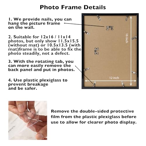 Image of JCJMY 12x16 Picture Frame Black with 11x14 Mat, Display Photo 11x14 with Mat or 12 x 16 Without Mat, Wall Hanging Large Frame with Plexiglass, Black