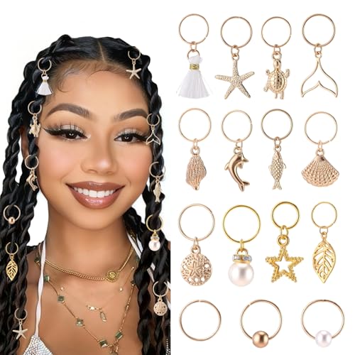 DOPENSPI 48PCS Seashell Hair Clip, Gold Hair Charms Summer Beach HairRings for Braids Shells Braid Charms Seashell Hairs Accessories Starfish Braids Rings for Women