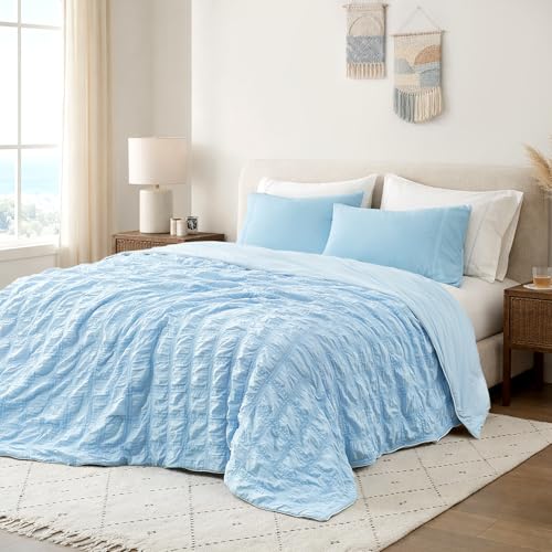 Cozy Bliss Cooling Comforter Seersucker Plaid King Size, Q-Max 0.45 Lightweight Cooling Blanket,...