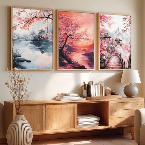 Image of kotart Big Aesthetic Japanese Nature Art View Framed Poster | Castle View Wall Framed Posters for Living Room Bedroom Wall Decor Set Of 3 (20x30 Inch)