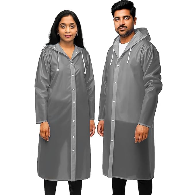Unisex Raincoat with Hood, Waterproof Long Rain Coat, Grey-image-35