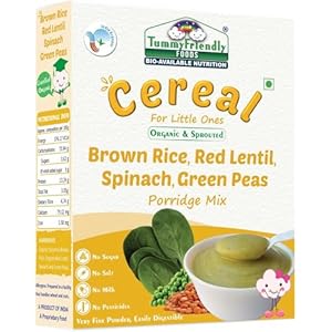 TummyFriendly Foods Certified Organic Sprouted Brown Rice, Red Lentil, Spinach, Green Peas Porridge Mix | Khichdi Mix | Organic Baby Food for 8 Months Old | Excellent Weight Gain Baby Food | 200g
