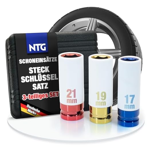 Steckschlüssel Satz, Antrieb 1/2 Zoll, SW 17/19/21 mm, Nüsse, Schonnüsse, 3-teilig, in praktischem Case, für Radmontage, Schonnüsse für Alufelgen