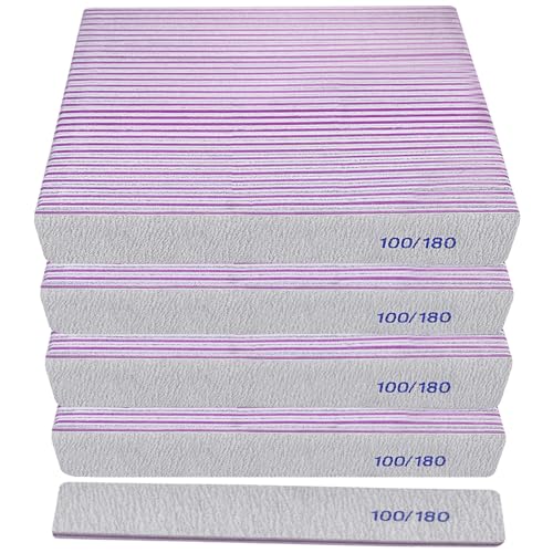 100/180 Grit Nail File (100 Pack) Emery Board Nail Files for Acrylic Nails and Natural Nails Double Sided Emory Boards Professional Nail Filer Reusable Washable Manicure Square Gray