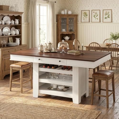 Garvee Counter Height Dining Table with 2 Drawers, 36" Farmhouse Wooden Large Bar Kitchen Table with Wine Rack & 3 Shelves, Rectangular, Thick Frame for Kitchen, Bar & Entertaining, Retro White Brow