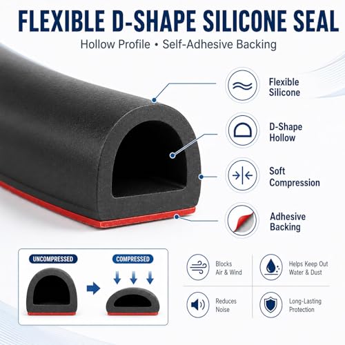 Image of Silicone Weather Stripping Door Seal, 40FT Self Adhesive D-Shaped Weather Strip, 0.6 inch W x 0.5 inch H Rubber Seal Strip for Door Frame, Window, Furniture Edge, Auto Door and Medium Gap Seal, Black