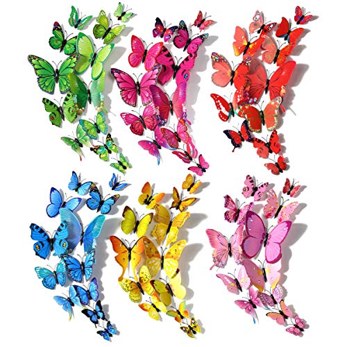 Decoración de mariposas, robusta decoración de mariposas de plástico para decoración de paredes, habitación infantil (120 piezas en 24 azul, 12 rojo, 12 verde, 24 amarillo, 24 rosa, 24 rojo)