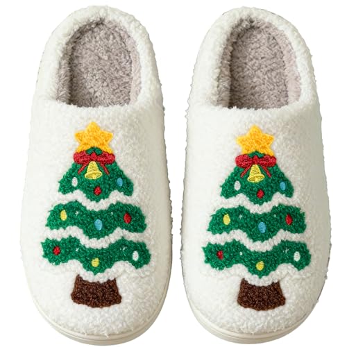 Afellicy Christmas Tree Fuzzy Slippers for Women - Soft Plush House Shoes with Star Accents Winter Holiday Indoor Slippers