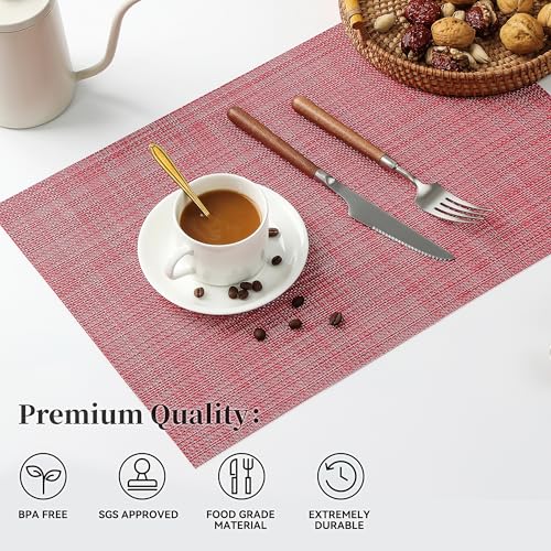 Leetaltree Red Placemats Set of 6 - Heat Resistant Non-Slip Place mats for Dining Table, Washable Durable PVC Vinyl Woven Table Mats