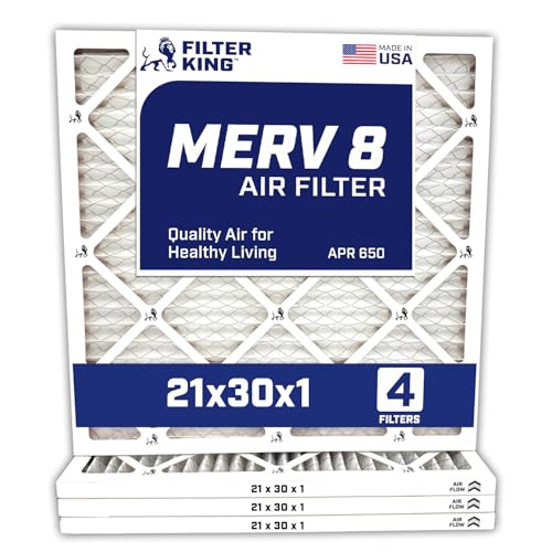 Filter King 21x30x1 Air Filter | 4-PACK | MERV 8 HVAC Pleated A/C Furnace Filters | MADE IN USA | Actual Size: 21 x 30 x .75\"