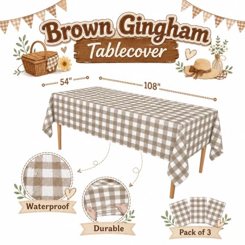 Image of Blue Orchards Brown Gingham Table Cover (Pack of 3 with 20 Glue dots) - 54 inchx108 inch XL - Brown and White Buffalo Checkered Picnic Plastic Tablecloth, Camping Decoration, Outdoor Birthday Party Supplies