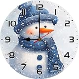 SRongmao Snowman Wall Clock 10inch Round Wooden Winter Clock Silent Non-Ticking Battery Operated Funny Farmhous Wall Clocks for Nursery House Warming Gifts New Home