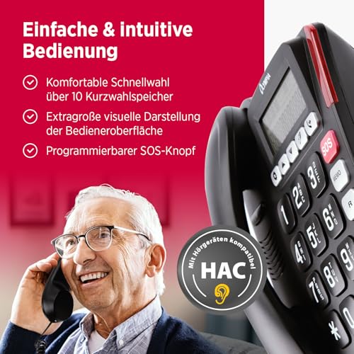 Olympia Großtastentelefon 4520 | Seniorentelefon Festnetz | mit extragroße Wahltasten | Festnetztelefon mit Schnur | hörgerätekompatibel | Senioren Telefon mit Kabel | großes LCD-Display | schwarz