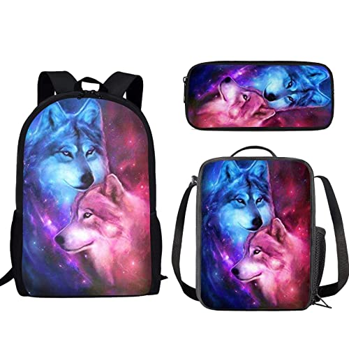 JEOCODY 1 Kleinkind-Rucksack für Büchertaschen + 1 isolierte Lunchbox + 1 einfache Federmäppchen-Sets, Blaue und weiße Wölfe Cover