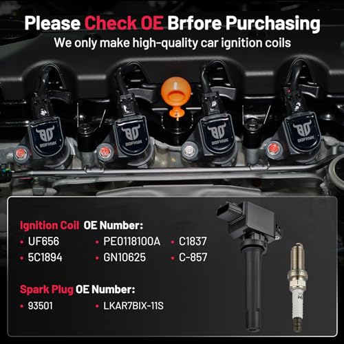 Image of BDFHYK Ignition Coils UF656 and Iridium Spark Plug 93501 Compatible with Mazda 3 Sport 6 CX-3 CX-5 MX-5 Miata l4 2.0L 2.5L Replaces GN10625 C-857 LKAR7BIX-11S Mazda Oem Coil Pack Set of 4