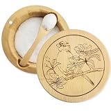 ThougrLyh Salt Box Bamboo Salt Container with Lid and Spoon Bird Pattern Cellar with Magnetic Lock Swivel Lid Pepper Sugar Sea Salt Spice Seasoning Holder Keeper 12oz Capacity