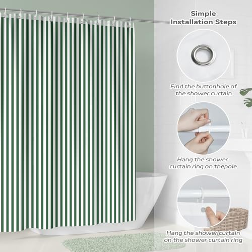 Hopomoon Duschvorhang Grün Weiß Gestreift 180x200 cm - Wasserabweisend & Anti-Schimmel - Blickdichter Badvorhang aus 100% Polyester inkl. 12 Ringe für Badewanne & Dusche - Waschbar 30°C