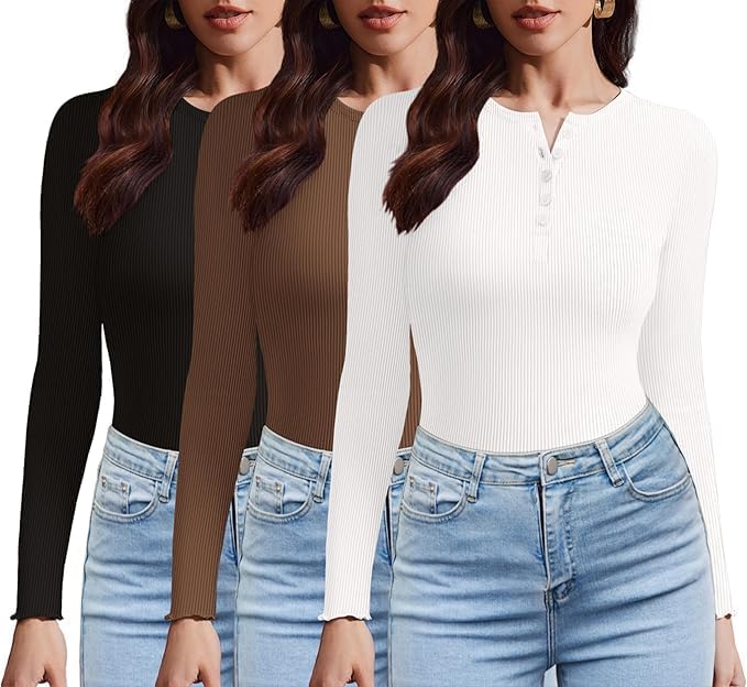 ELESOL Women's Long Sleeve Shirts 3 Packs Henley Button Down Tops Ribbed Slim Fit Base Layer Soft Thermal Tee