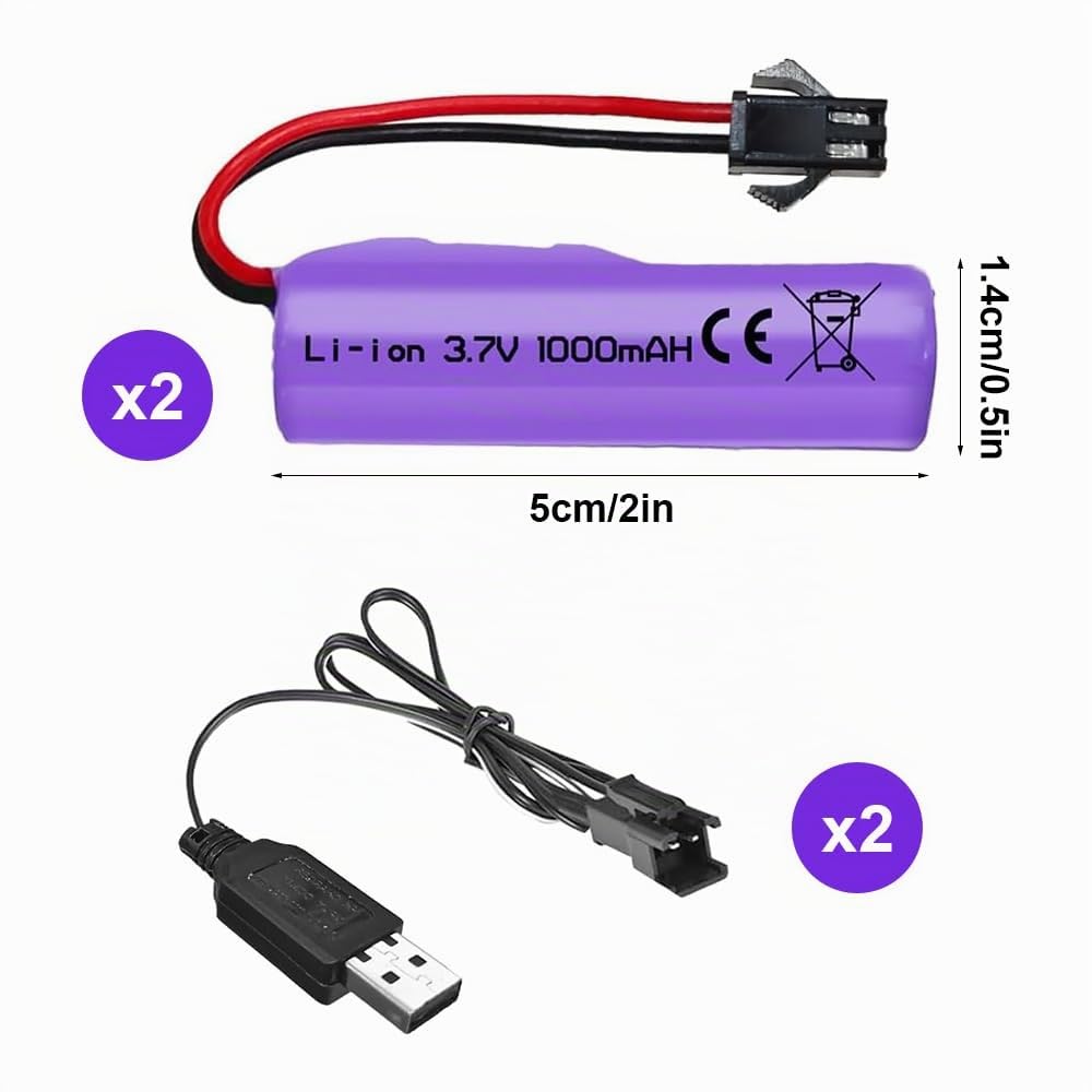 2 Piezas de 1000mAh 3.7V RC Batería, Baterías de Litio Recargables con Cable de Carga UBS Conector SM-2P, Batería Li-Ion Universal Compatible para Vehículos RC, Barcos, Tanques, Coches, Robots