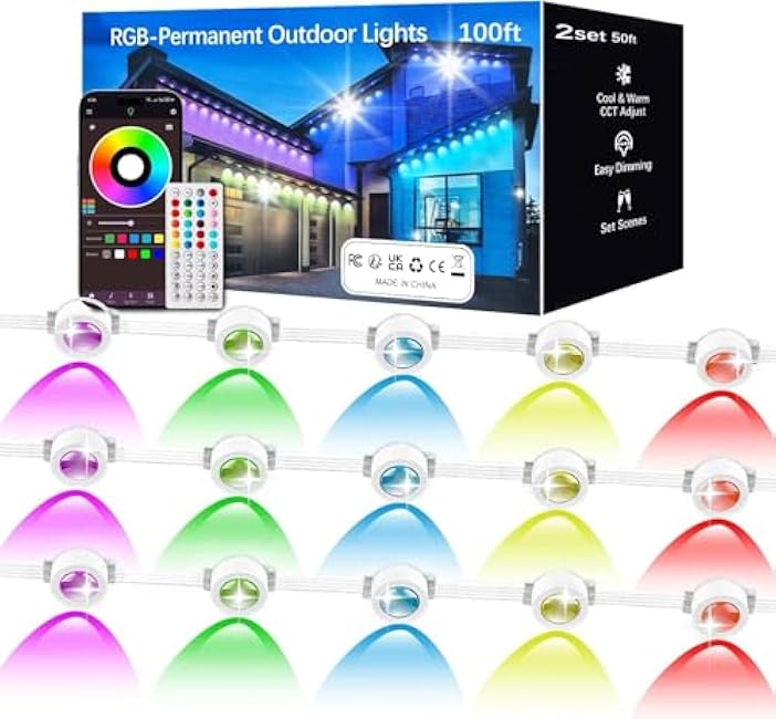KIKO 100FT Permanent Outdoor Lights,RGB Waterproof Smart LED Eaves Lights with App Remote Control,for Christmas and All Holiday Decor,Daily and Accent Lighting,House Roof and Garden Lighting