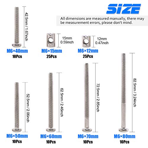 Glarks 100Pcs M6 x 40mm/50mm/60mm/70mm/80mm Hex Drive Socket Cap Furniture Barrel Screws Bolt Nuts Assortment Kit for Furniture Cots - Image 2
