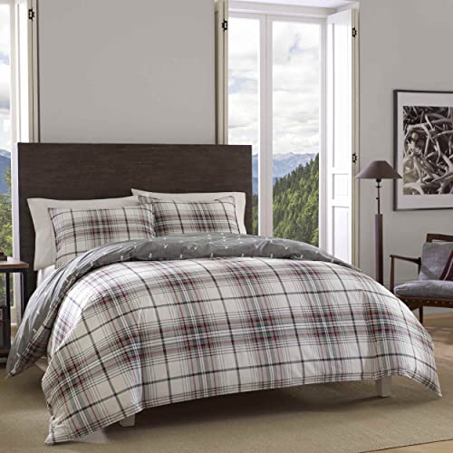 Image of Eddie Bauer - King Duvet Cover Set, 100% Soft & Smooth Reversible Cotton Percale Bedding, 3 Piece Plaid Bed Set with Matching Pillowcases (Alder Plaid Grey /Red)