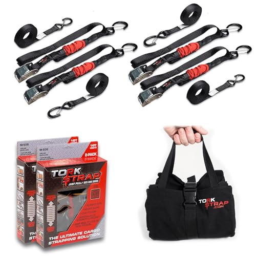 TorkStrap M500 Bundle | 14 x 1 Spring Loaded Tie Down Straps with Carry Bag - 1 500LB Max Load - Just Pull Alternative to Ratchet Straps - Integrated Soft Loops (4-Pack)