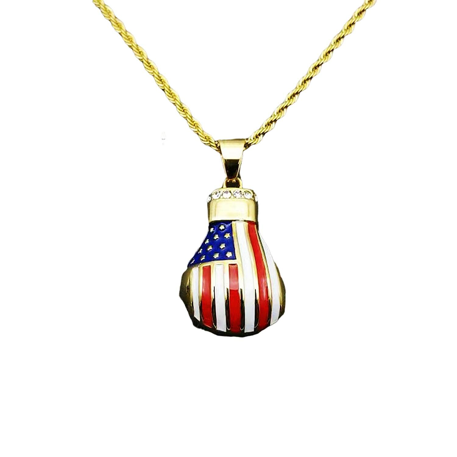 MIVEIVIAIced Out Pendant Boxing Gloves Necklace American Flag Pattern Hip Hop Iced Out Chain Sports Pendant Rap Punk Rock Clubs Disco boys jewelry Cuban Link chain for men sports gifts for boys