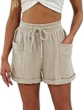 Pantalones Cortos Mujer Verano Shorts Algodón Casual Pantalón Corto Ligeros Anchos Cintura Elástica Pijama Corto Cómodo, Beige XL