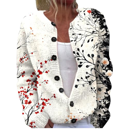 Women's Fall Cute Floral Print Open Front Cardigan Sweater Fall Winter Casual Loose Button Down Long Sleeve Coat - Main Image