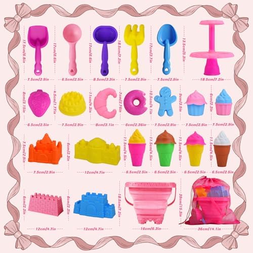 31Pcs Beach Toys, Sandbox Toys Kids Sand Play Set with Castle & Dessert Molds,Collapsible Sand Buckets, Mesh Bag, Soft Plastic Summer Water Pool Sea Outdoor Travel Play Toys for Toddlers Boys Girls
