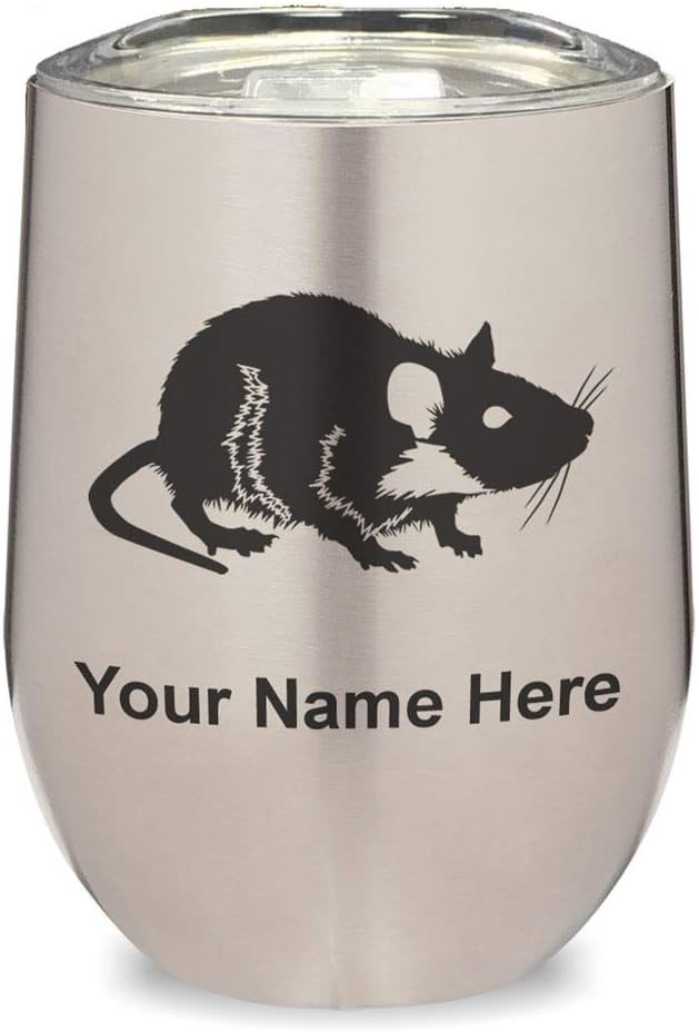 LaserGram 16oz Double Wall Stainless Steel Wine Glass Tumbler, Rat, Personalized Engraving Included (Black)