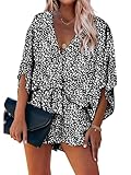 PRETTYGARDEN Women’s Floral Print Shorts Jumpsuit Wrap V Neck 3/4 Sleeve Casual Loose Oversized Romper With Pockets (Black, X-Large)
