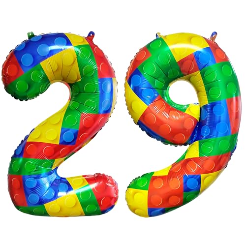 Image of 32 Inch Building Block Number 29 Balloons Birthday Party Decoration Supplie | Birthday Block Themed Large Big Helium Foil Mylar Balloon for Girls Boys
