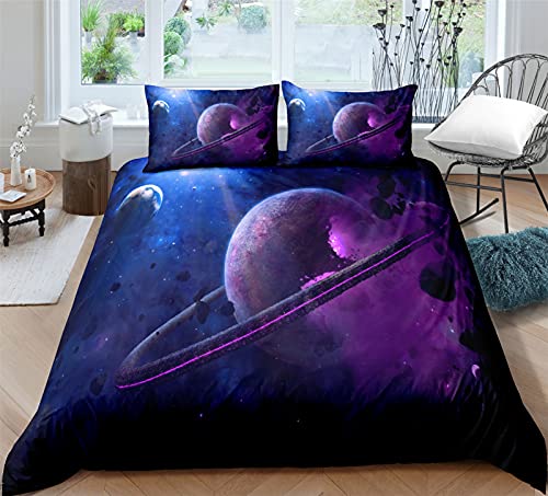 Timiany Housses De Couette Enfants Planètes & étoiles Parure De Lit Garçon-Adolescent 135x200cm + 80x80cm (Univers-C,135x200+80x80)