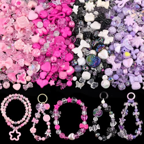 210-270PCS Assorted Acrylic Bead Charms,Cute Beads for Bracelet 4 Colors D