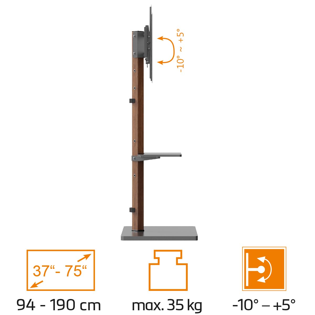 my wall Supporto per TV regolabile in altezza, HP119L, Porta TV da Parete con Mensola, Design in Legno, con Ripiano per Accessori, Inclinabile, Supporto VESA con Gestione dei Cavi