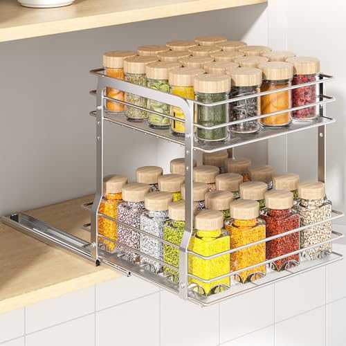 PanPanPal Pull Out Spice Rack Organizer for Cabinet, 2 Tier Spice Organization for Cabinet, 9.65