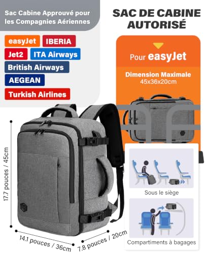 VANKEV Bagage Cabine 45x36x20 Pour easyJet Sac à Dos Voyage – vue 3